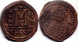 монета Византия Маврикий Тиберий фоллис