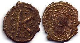 монета Византия Маврикий Тиберий 1/2 фоллиса