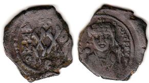 монета Византия Тиберий II Константин фоллис