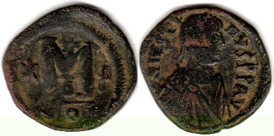 монета Византия Юстин I фоллис