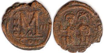 монета Византия Юстин II фоллис