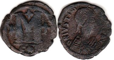 монета Византия Юстиниан I фоллис