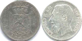 монета Бельгия 2 франка 1866