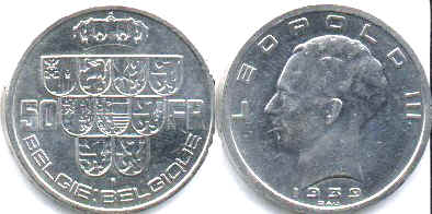 монета Бельгия 50 франков 1939