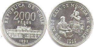 монета Чили 2000 песо 1993