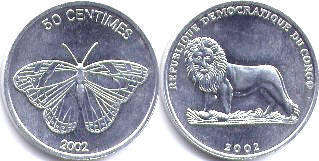 монета Конго 50 сантимов бабочка 2002