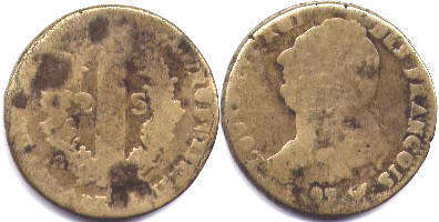 монета Франция двойной су конституционный 1791