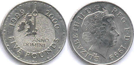 монета Великобритания 5 фунтов 1999