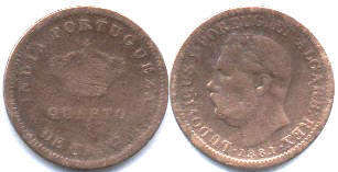 монета Португальская Индия 1/4 таньги 1881