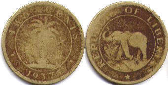 монета Либерия 2 цента 1937