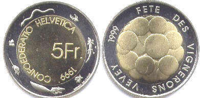 монета Швейцария 5 франков 1999