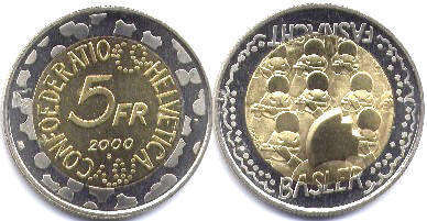монета Швейцария 5 франков 2000