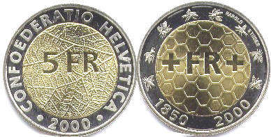 монета Швейцария 5 франков 2000