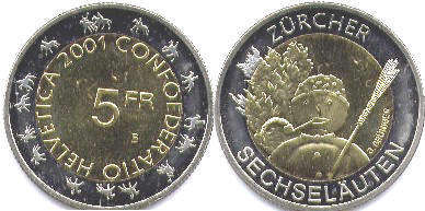 монета Швейцария 5 франков 2001