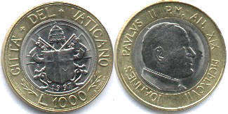 монета Ватикан 1000 лир 1997