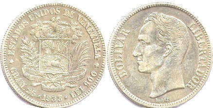 монета Венесуэла 5 боливаров 1935