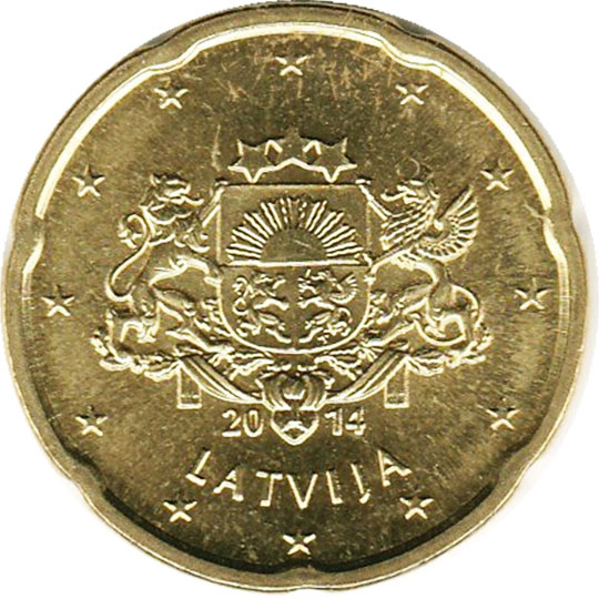 монета 20 евро центов latvia