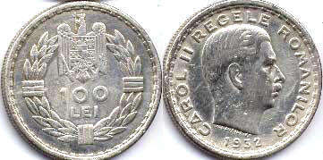 монета Румыния 100 лей 1932