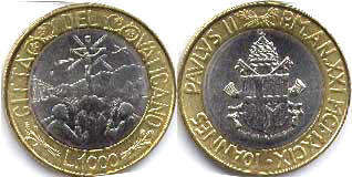 монета Ватикан 1000 лир 1999