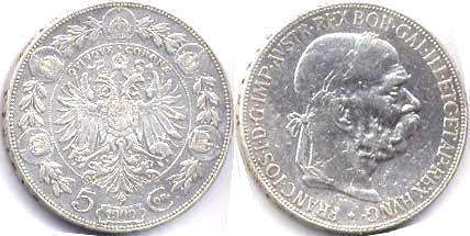 монета Австрийская Империя 5 корон 1900