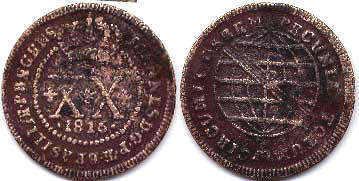 монета Бразилия 20 рейс 1816