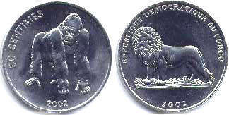 монета Конго 50 сантимов горилла 2002