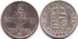 монета Саксония 2 новых грошена 1854