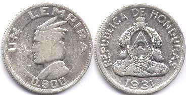 монета Гондурас 1 лемпира 1931