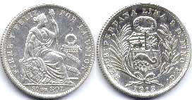 монета Перу 1/5 соль 1913