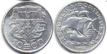 монета Португалия 10 эскудо 1934