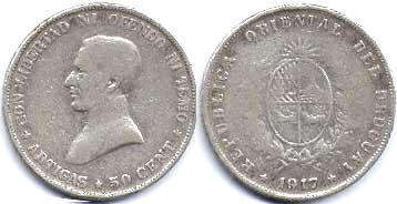 монета Уругвай 50 сентесимо 1917