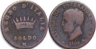 монета Итальянское Королевство 1 сольдо 1808
