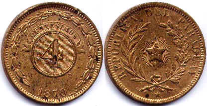 монета Парагвай 4 сентесимо 1870
