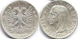 монета Албания 5 лек 1939