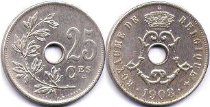 монета Бельгия 25 сантимов 1908