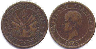 монета Гаити 20 сантимов 1863