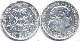 монета Гаити 20 сантимов 1890