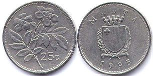 монета Мальта 25 центов 1995