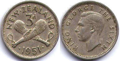 монета Новая Зеландия 3 пенса 1951