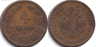 монета Австрийская Империя 4 крейцера 1860