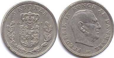 монета Дания 5 крон 1967