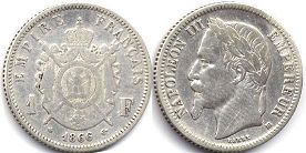 монета Франция 1 франк 1866