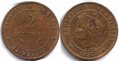 монета Франция 2 сантима 1893
