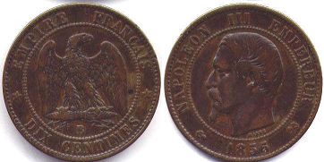 монета Франция 10 сантимов 1855