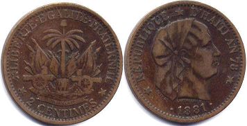 монета Гаити 2 сантима 1881