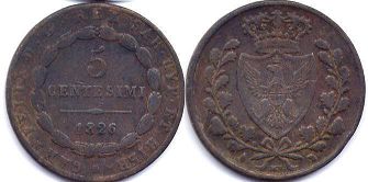 монета Сардиния 5 чентезимо 1826