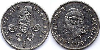 монета Новые Гебриды 20 франков 1970