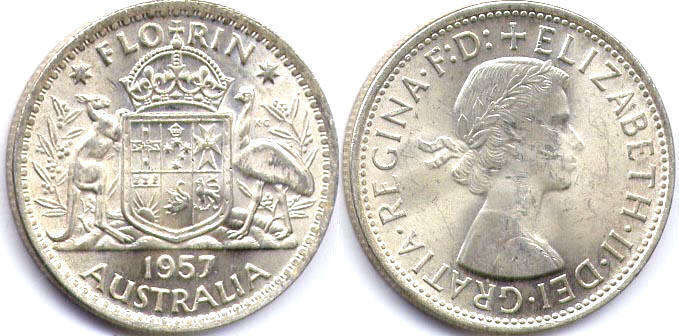 Австралия монета 1 флорин 1957 Elizabeth II