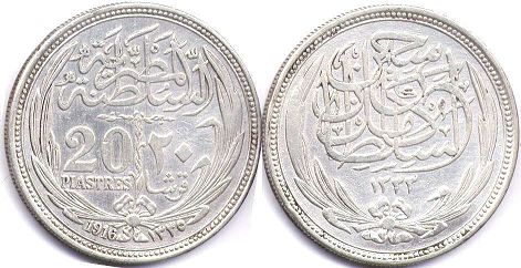 монета Египет 20 пиастров 1916
