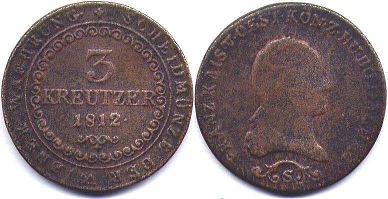 монета Австрийская Империя 3 крейцера 1812